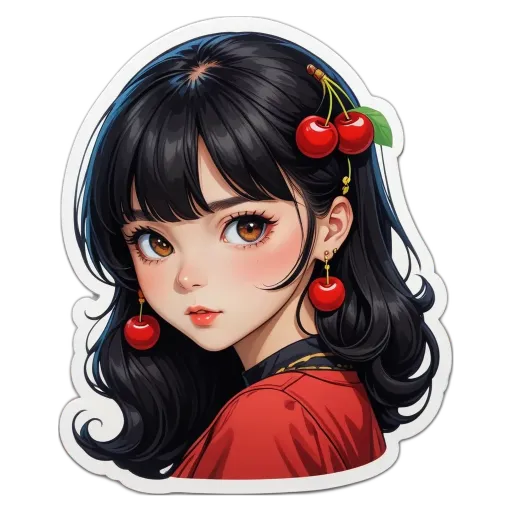 A sticker of a girl that has cherries on her head.