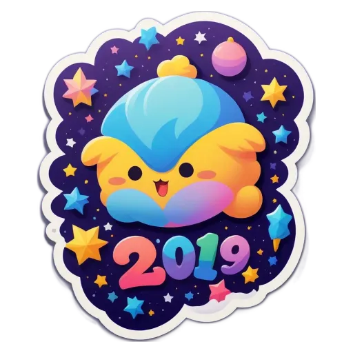 A colorful sticker that says "Happy New Year" is on a black background.