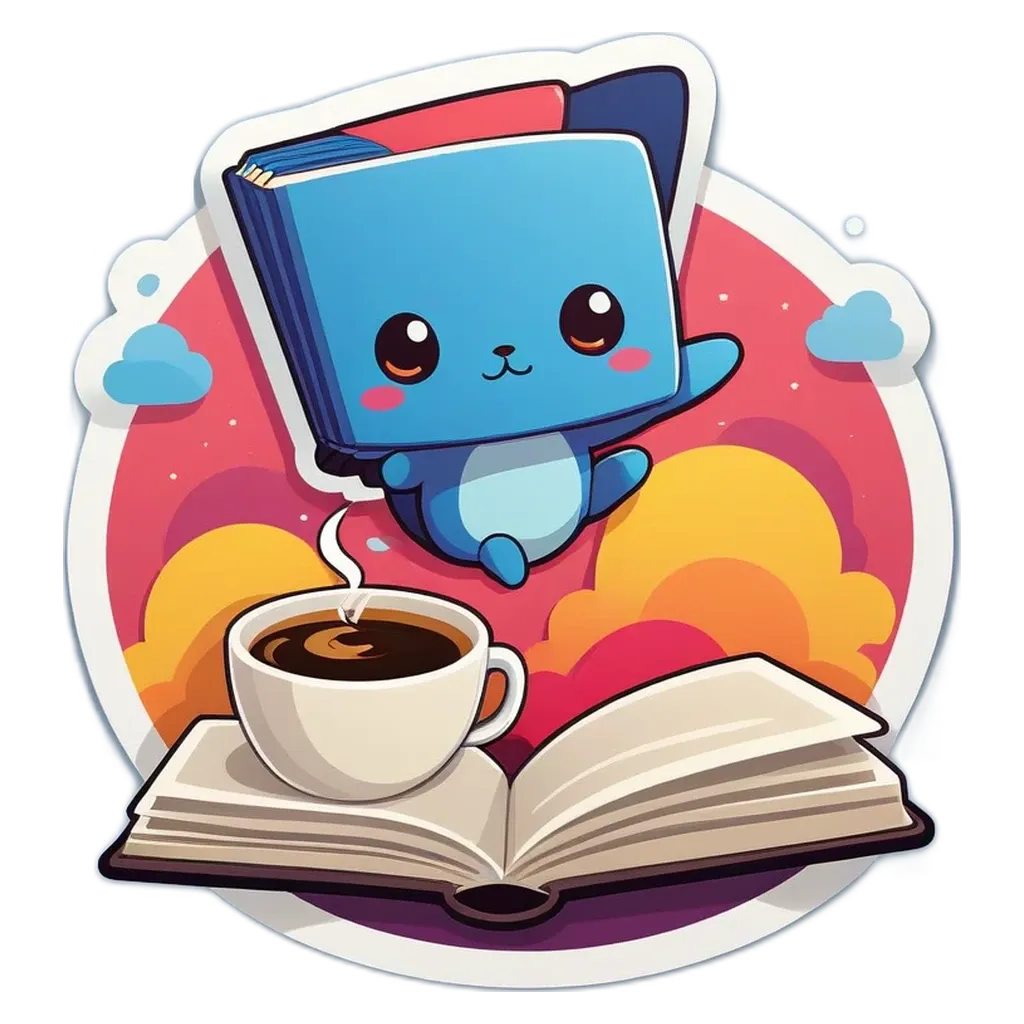 A cartoon blue character is holding a coffee cup and a book.