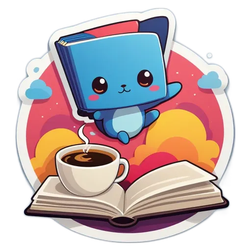 A cartoon blue character is holding a coffee cup and a book.