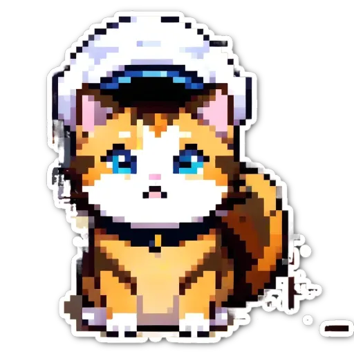 A cat with a collar and hat sticker.