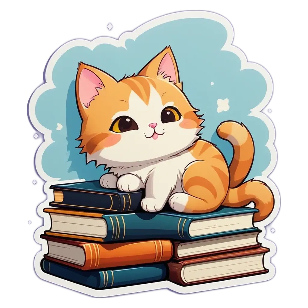 A cartoon cat sitting on top of a stack of books.