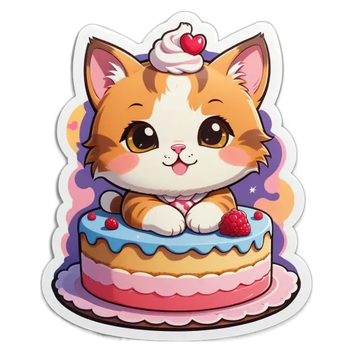 A cat sitting on a cake with frosting and strawberries.