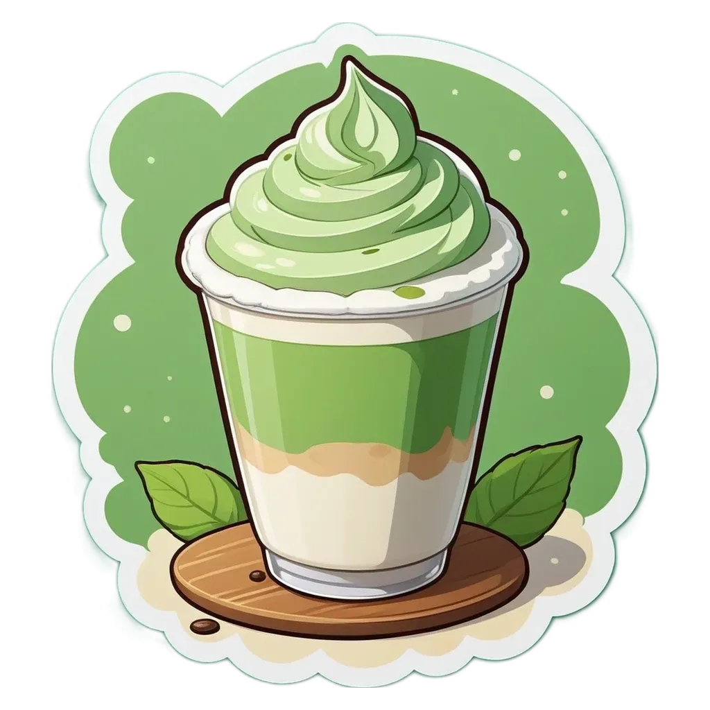 An image of a green ice cream in a cup with leaves on a wooden table.