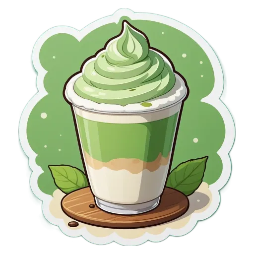 An image of a green ice cream in a cup with leaves on a wooden table.