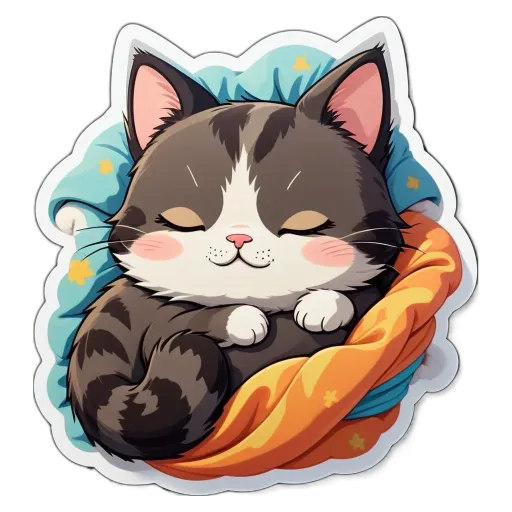 A cute cat sleeping on a blanket with stars and blue and orange pillow.