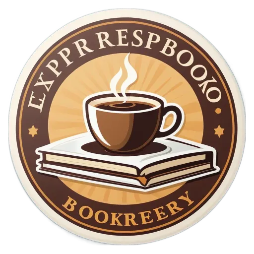 An logo for an Expbookery business with a cup of coffee on it.