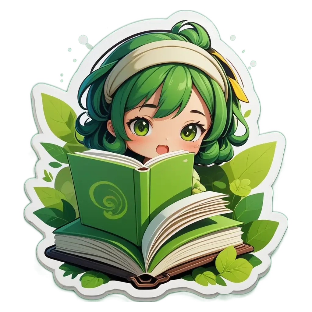 A girl reading a book with a green background.