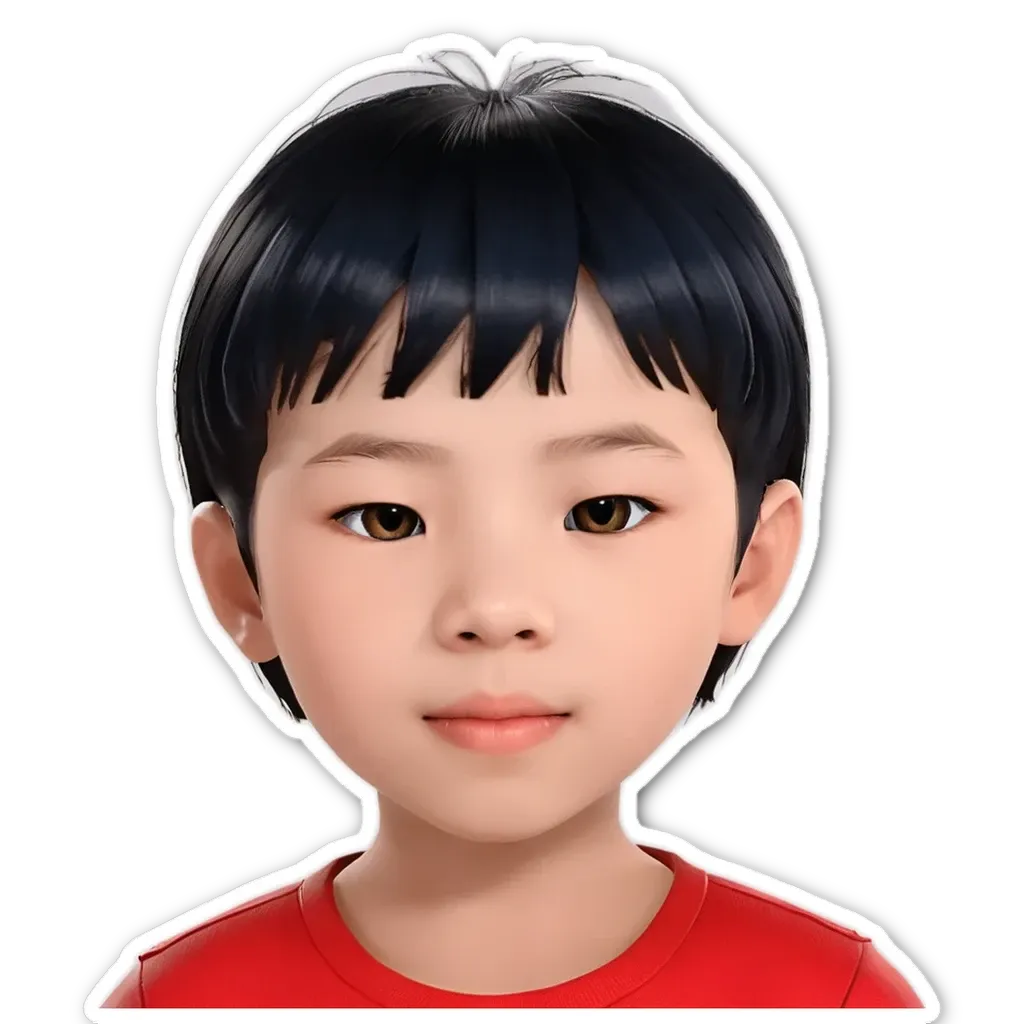 A boy's face is sticker on a black background.