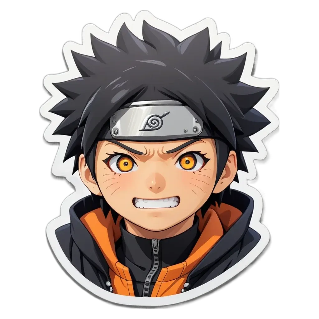 A boy with a angry face sticker is wearing a black and orange jacket.