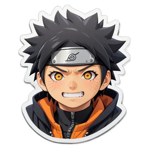 A boy with a angry face sticker is wearing a black and orange jacket.