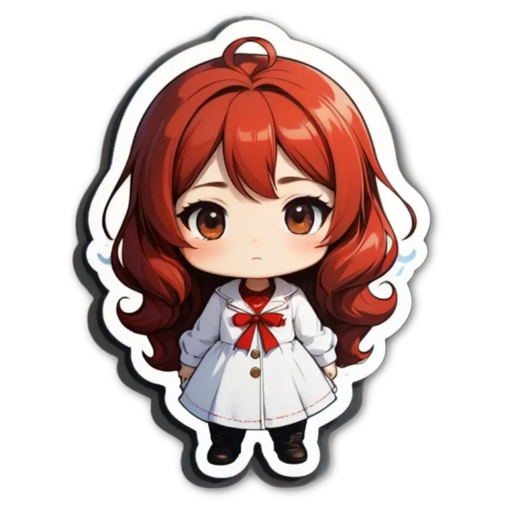 A girl with red hair and white clothing who is wearing a bow in her hair.