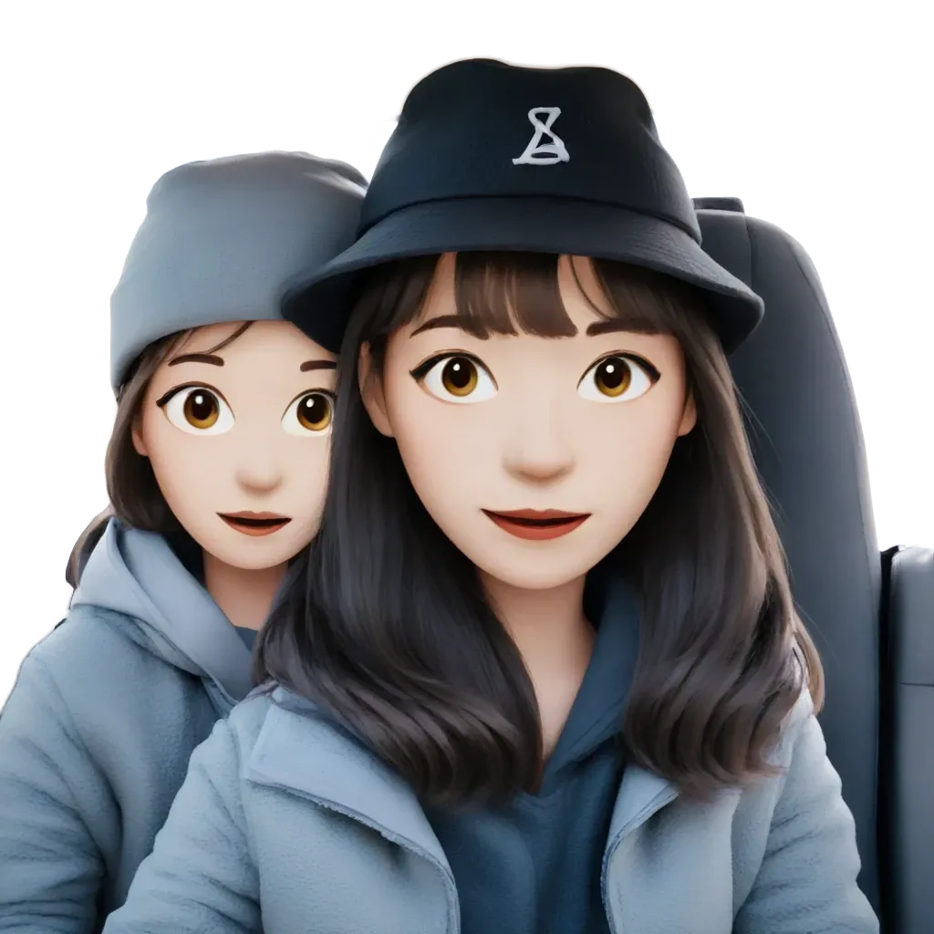 Two girls wearing hats and sitting in a car.