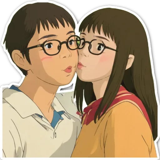 Two people kissing each other in glasses.