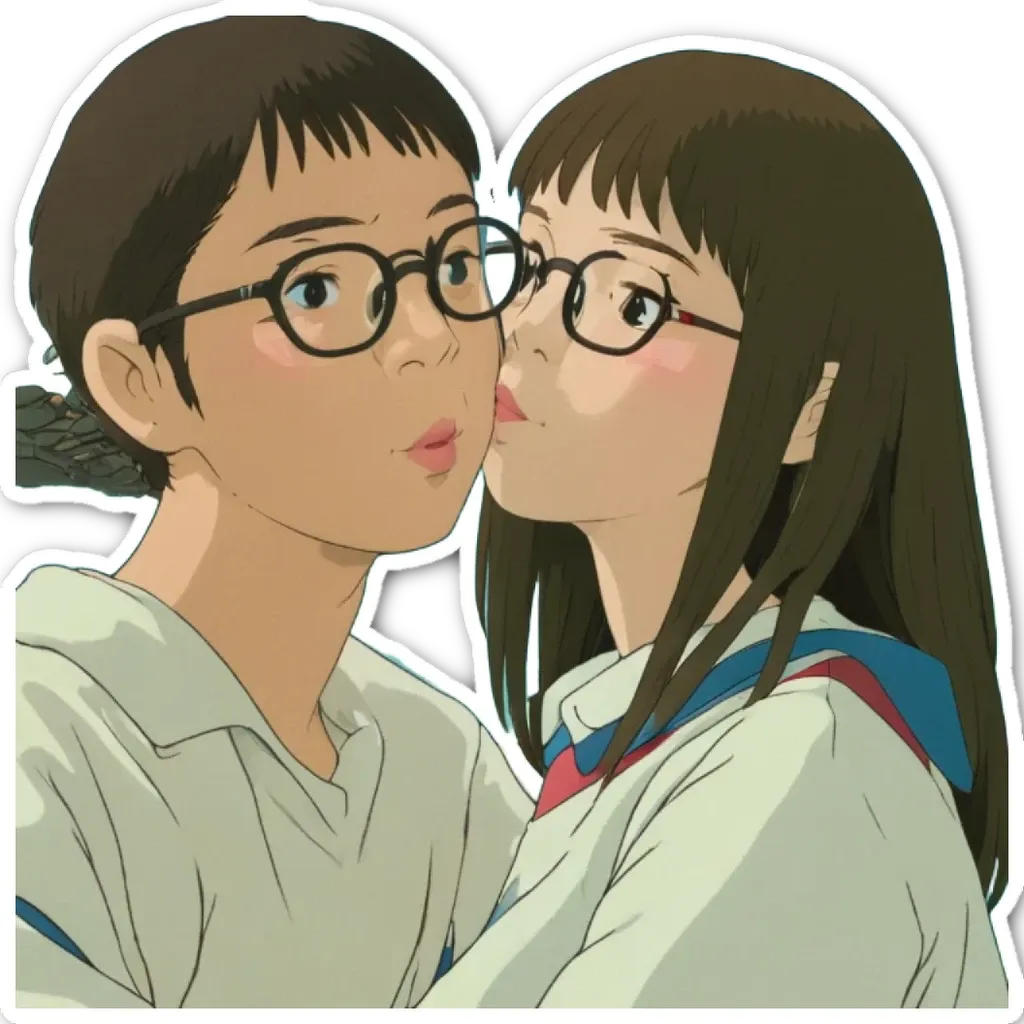 A boy and girl kissing each other in glasses.