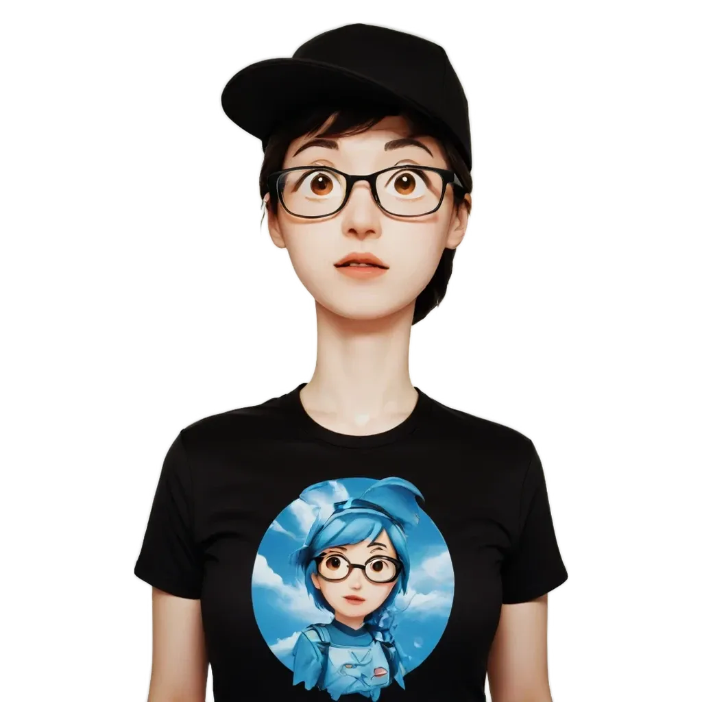 A girl wearing a black shirt with a blue character on it.