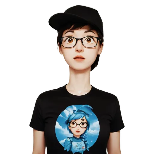 A girl wearing a black shirt with a blue character on it.