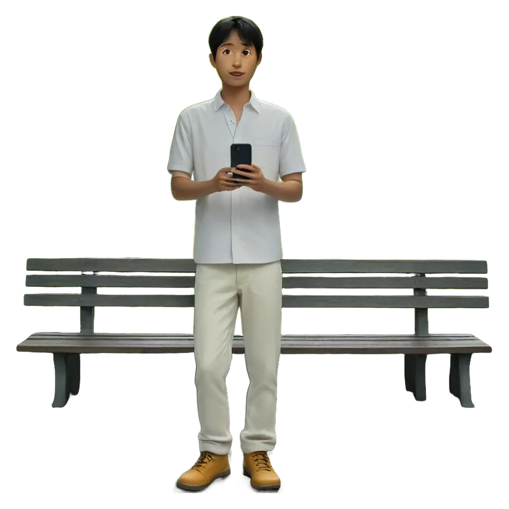 A boy is standing up and looking at his phone.