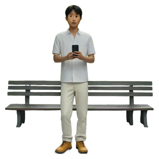 A boy is standing up and looking at his phone.