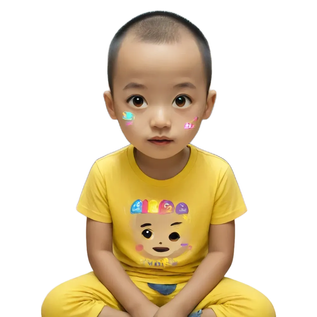 A boy with a yellow shirt that has a picture of a face and the word "WOW" on the front.