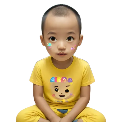 A boy with a yellow shirt that has a picture of a face and the word "WOW" on the front.