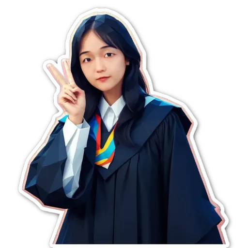 A girl making a peace sign with her hand in her graduation cap.