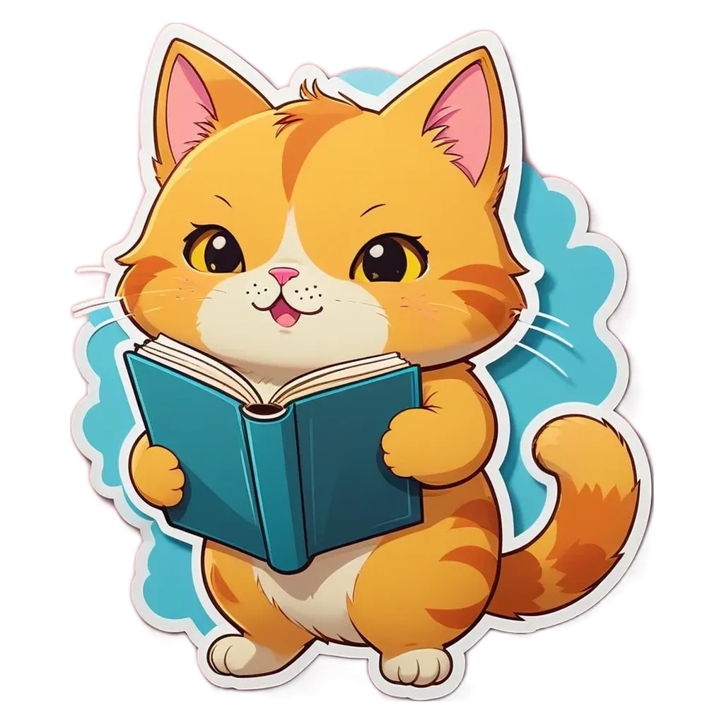 A cartoon cat reading a book.