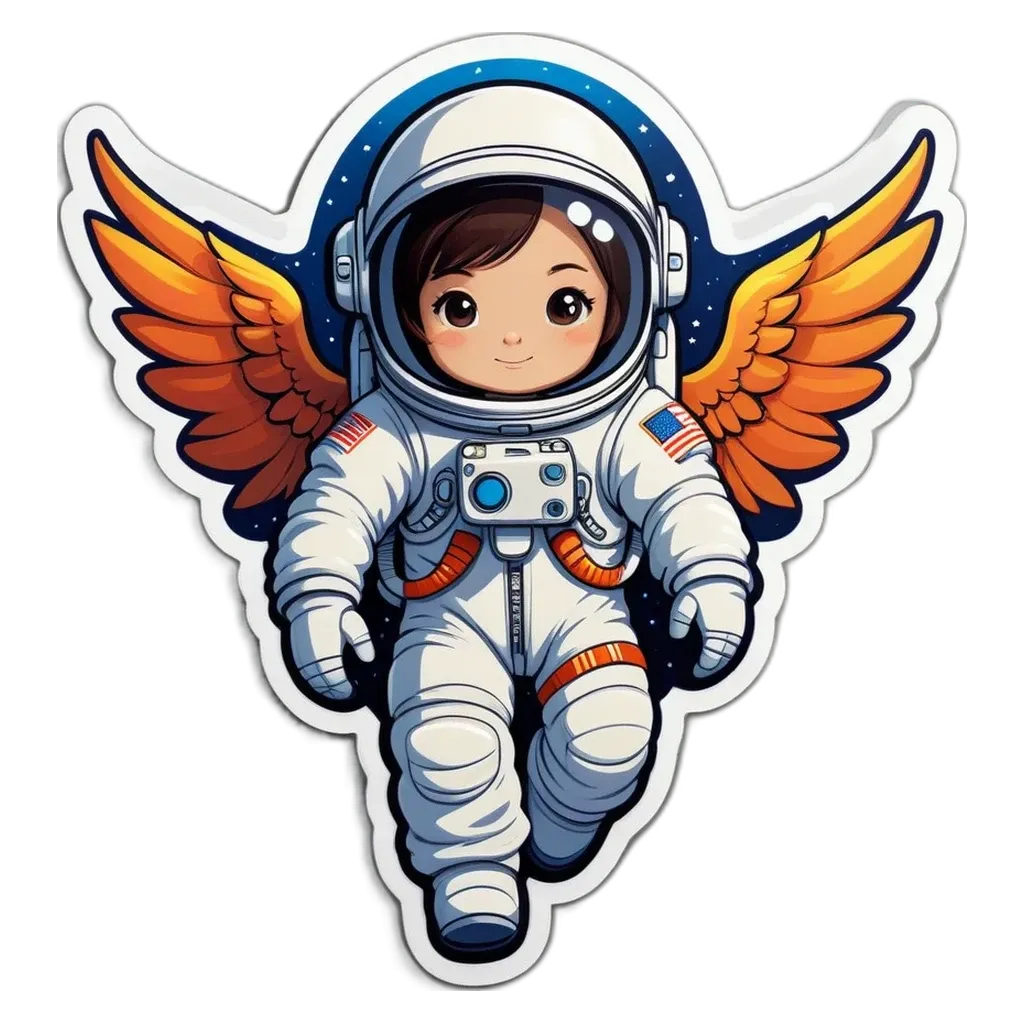 A cartoon depiction of a woman in space in a NASA logo sticker.