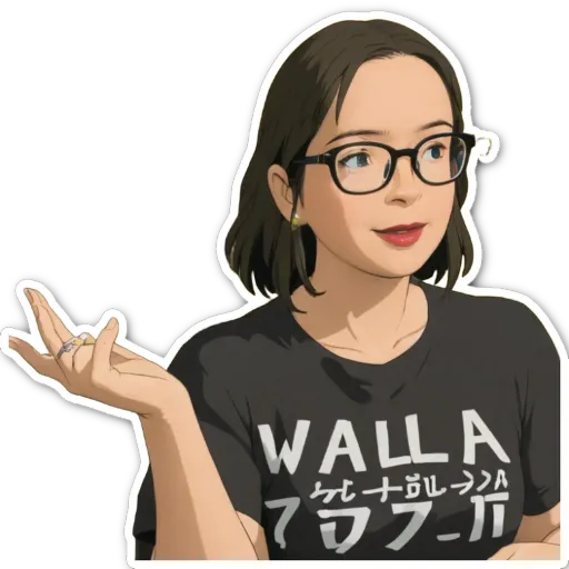 A woman wearing glasses and a black t-shirt that says "Walla".