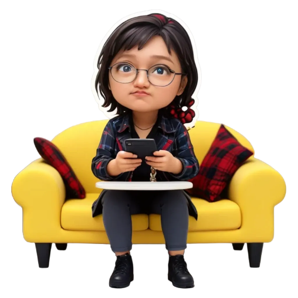 A 3d model of a girl sitting on a yellow couch and using her phone.