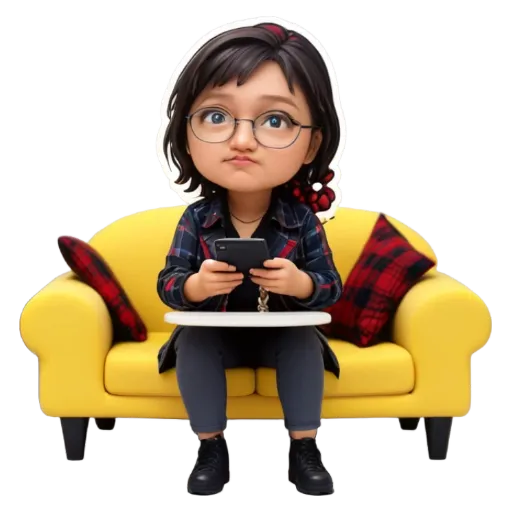 A 3d model of a girl sitting on a yellow couch and using her phone.