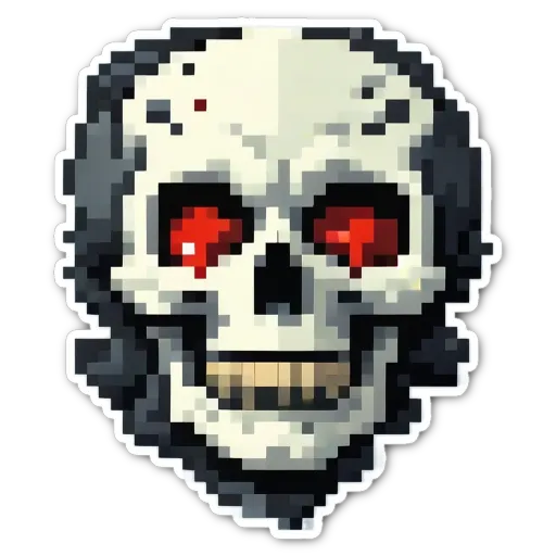 A sticker of a pixelated skull with red eyes.