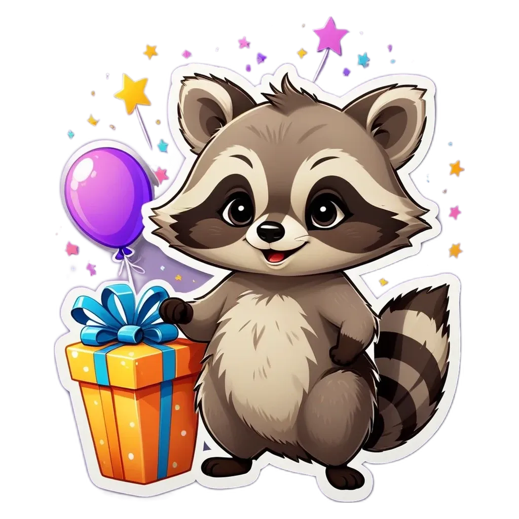 A cartoon raccoon holding a present and a balloon.