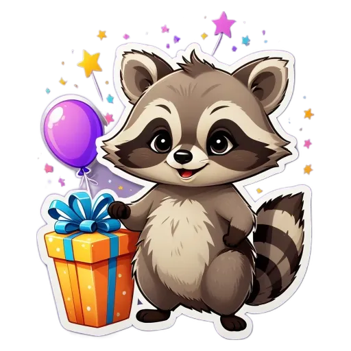 A cartoon raccoon holding a present and a balloon.