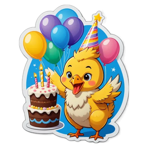 A birthday cake with candles is in front of a bird.