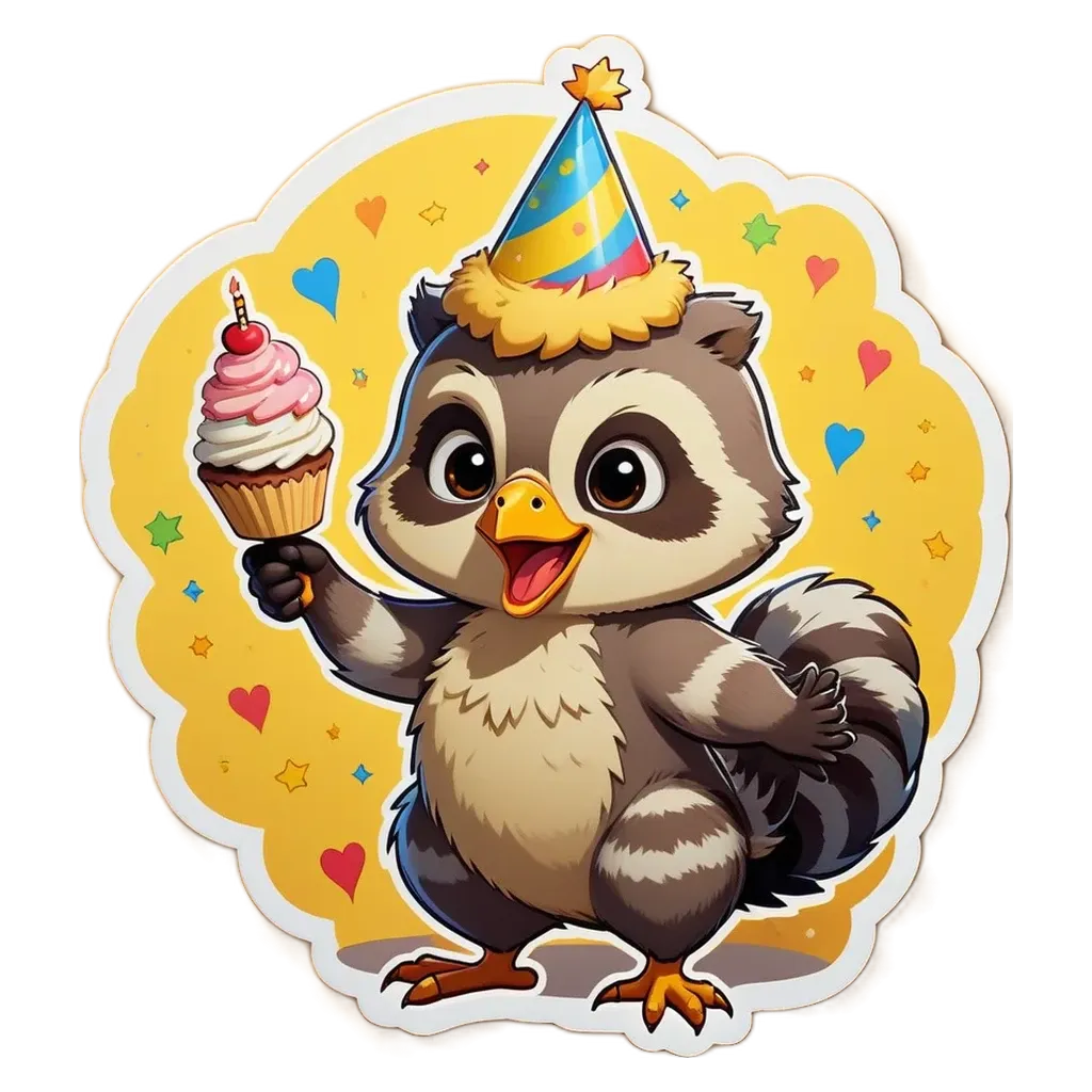 A raccoon wearing a party hat holding a cupcake.