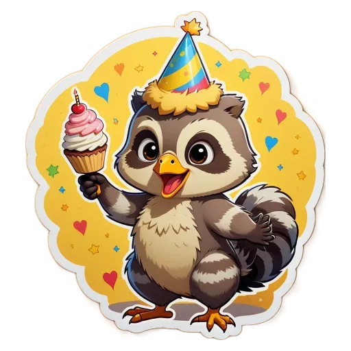 A raccoon wearing a party hat holding a cupcake.