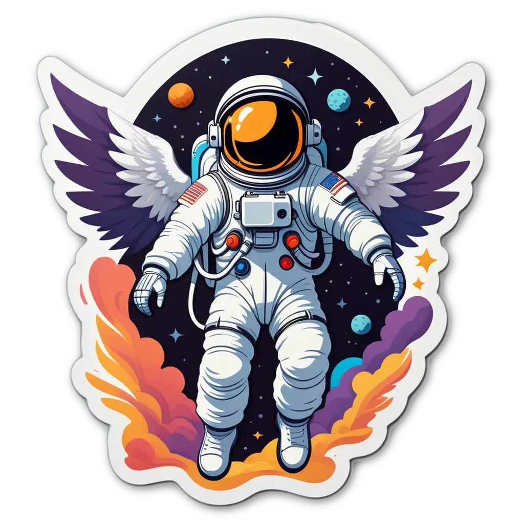 A space man with wings is walking on the edge of a planet.