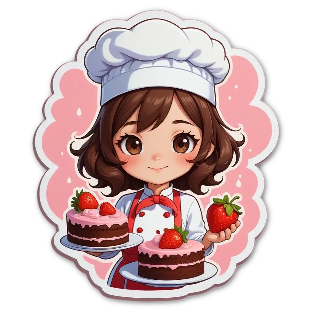 A girl wearing a chef hat is holding a cake and some strawberries.