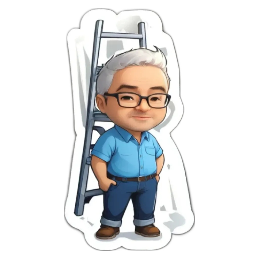 A sticker of a man wearing glasses and a blue shirt standing on a ladder.