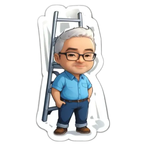 A sticker of a man wearing glasses and a blue shirt standing on a ladder.