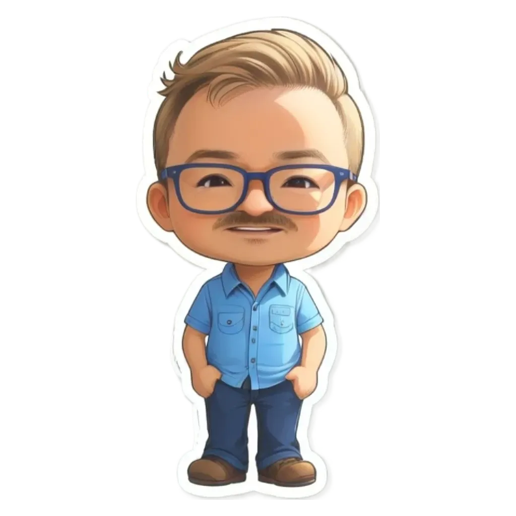 A cartoon character wearing glasses and a blue shirt with his hands in his pockets.