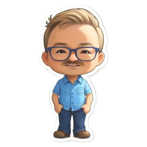 A cartoon character wearing glasses and a blue shirt with his hands in his pockets.