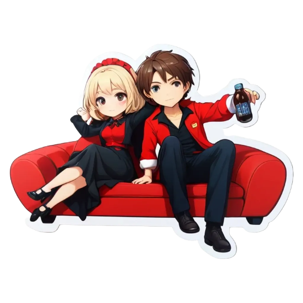 A boy and girl sitting on a red couch holding a bottle of soda.