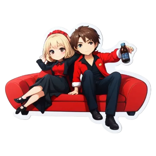 A boy and girl sitting on a red couch holding a bottle of soda.