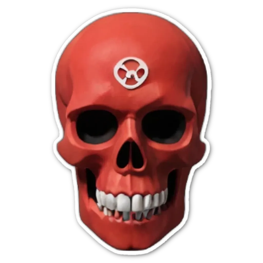 A red plastic skull is painted with an eye and a wheel in the center.