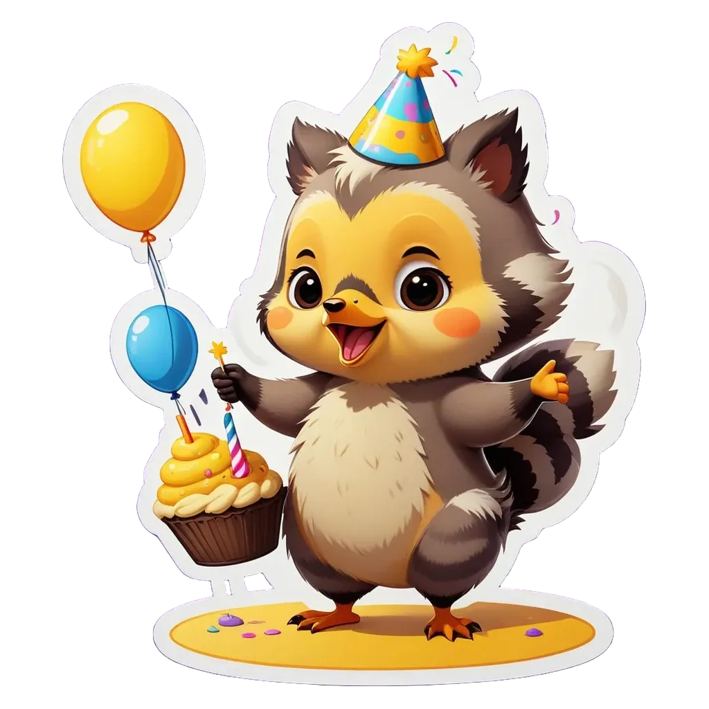 A party animal holding a birthday cupcake and a party hat.