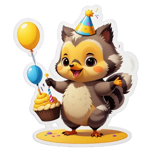 A party animal holding a birthday cupcake and a party hat.