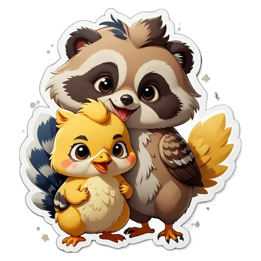 A raccoon and a yellow bird are hugging.