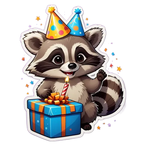 A birthday gift for a raccoon is sitting on a table with a candle in it.